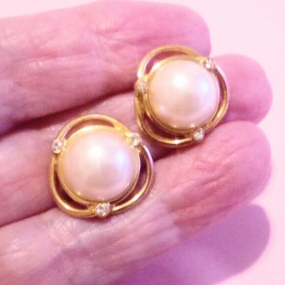 Monet Gold Tone Rhinestone Accented Faux Mabe Pearl Earrings - Picture 2 of 3